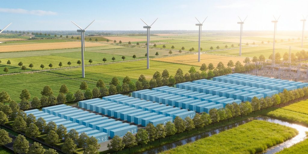 Render di un campo fotovoltaico con pale eoliche | Elettronauti.it