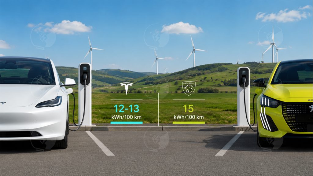 Tesla Model 3 e Peugeot e-208 in un parcheggio in ricarica | Elettronauti.it