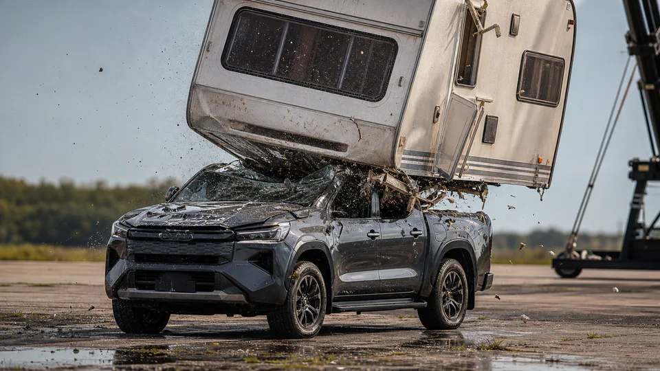La Toyota Hilux elettrica sottoposta al test della caduta di una roulotte da 760 kg