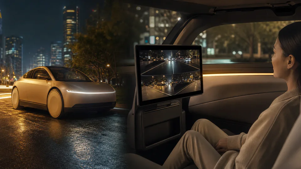 Tesla Cybercab e funzione software per mostrare ai passeggeri le immagini delle telecamere esterne